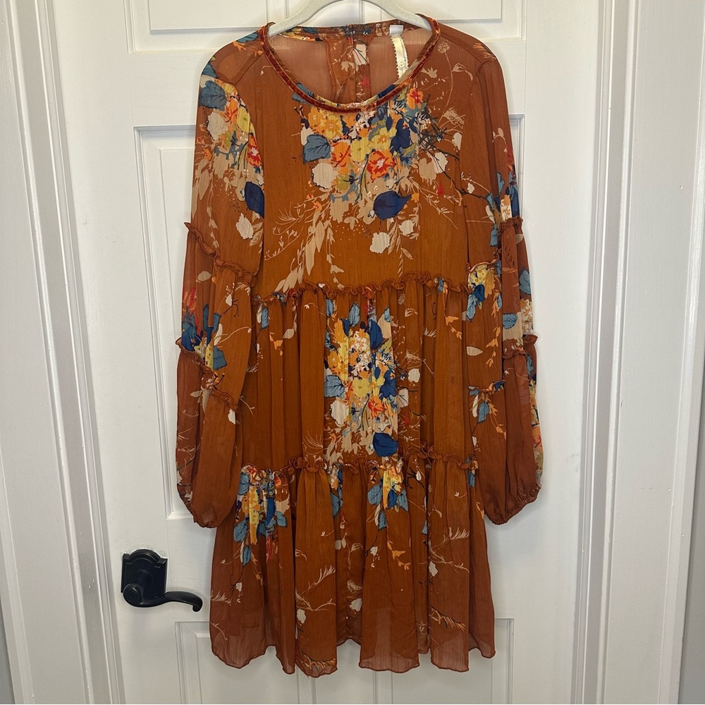 Rust Floral Tiered Long Sleeve Dress